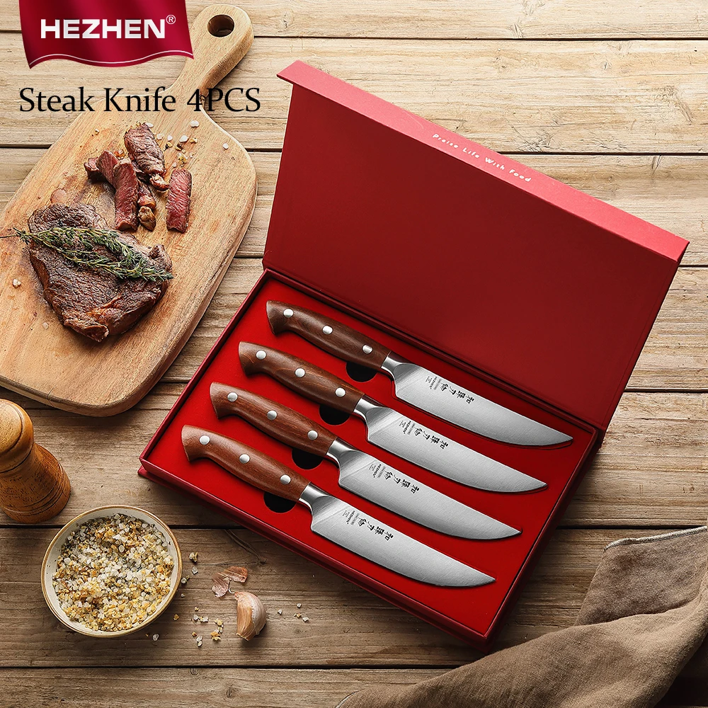 Hezhen 1pc oder 4pc steak messer set 1,4116 stahl rot holzgriff koch werkzeuge kern klinge küchenmesser zubehör box verpackung