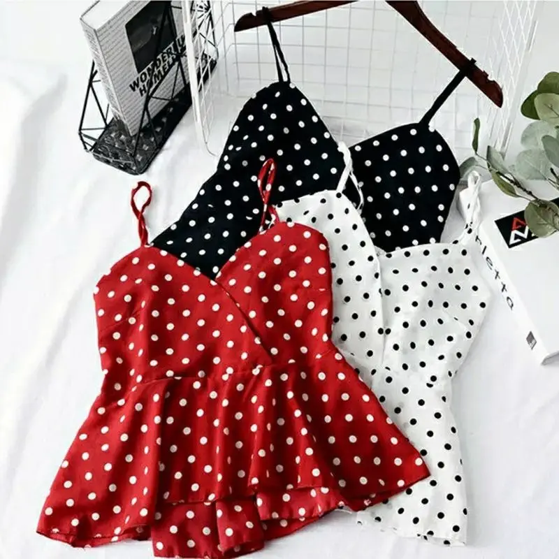 Red Polka Dot Print Chiffon Short V-Neck Sleeveless Sexy Pullover Women\'s Blouse Shirt Korean Fashion Female Clothing Tops 2024