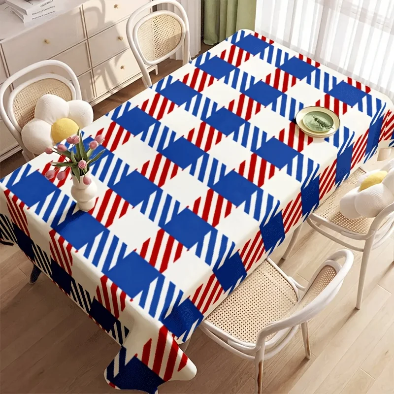 Houndstooth Tablecloth, White Background With Red Blue Check Pattern, Rectangular Table Cover for Stylish Home Table Decor