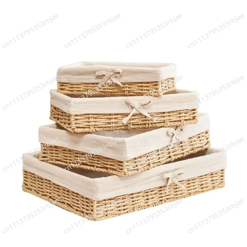 Rectangular Handmade Rattan Storage Baskets French Style Bow Cosmetics Storage Box Save Space Reusable Sundries Organizer