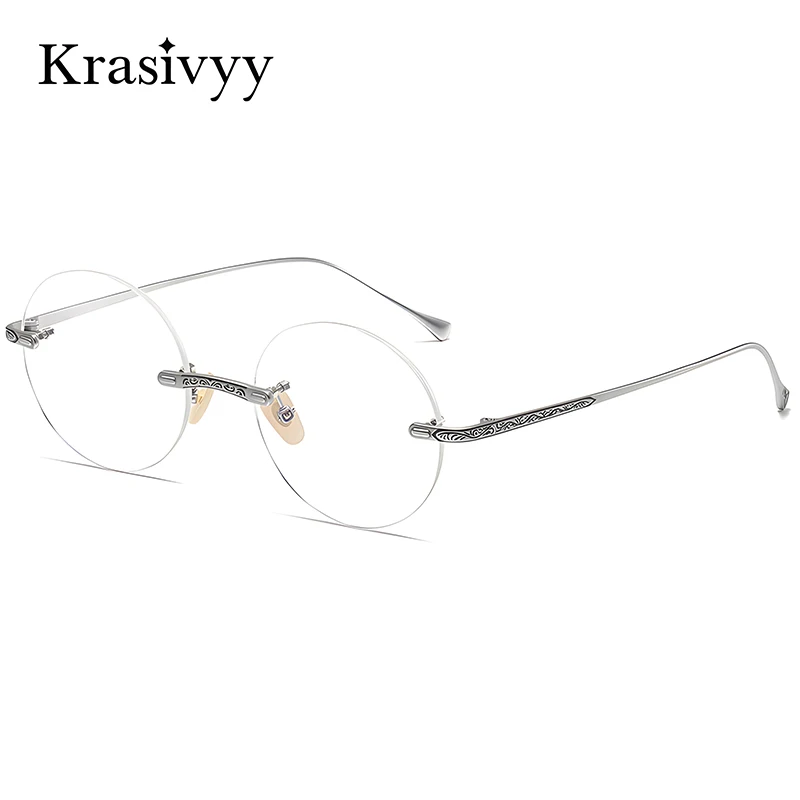 Krasivyy Pure Titanium Rimless Glasses Frames Men Retro Round Luxury Carved Design Prescription Eyeglasses Women Optical Eyewear