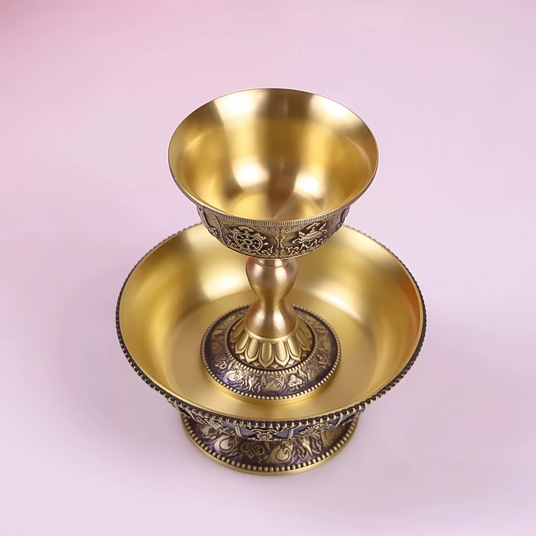 Vintage Tibetan Brass Dharmapala Cup, Gilded Esoteric Buddhism 8 Auspicious Symbols Water Offering Bowl.