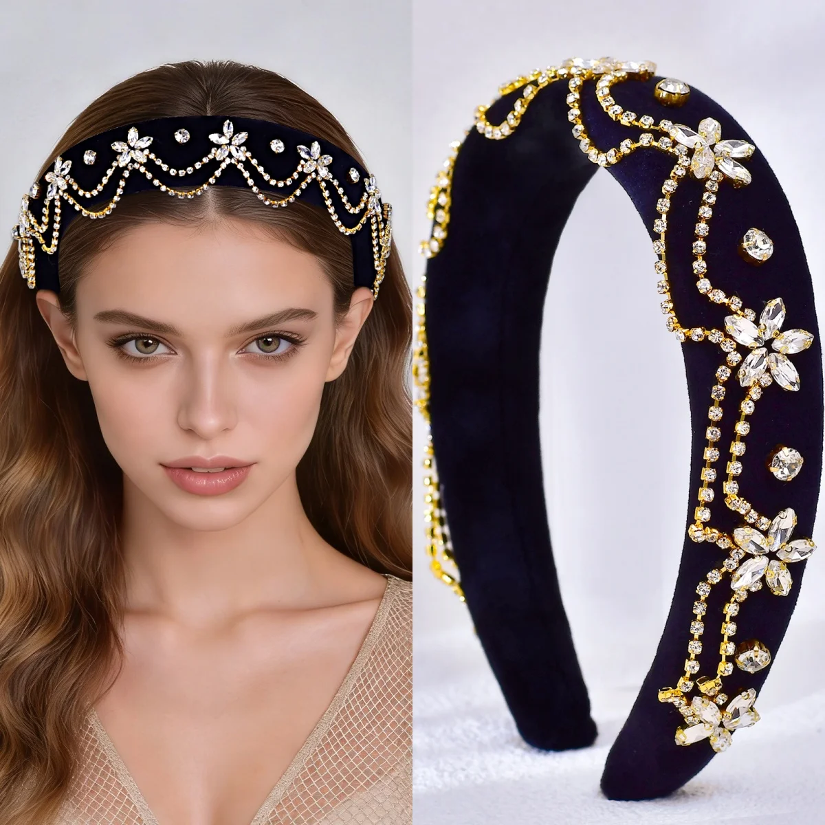 

Новый дизайн: повязка на голову с бахромой и стразами, сверкающий аксессуар для волос для вечеринок, черная бархатная повязка с высокой короной, аксессуар для выпускного бала SA94