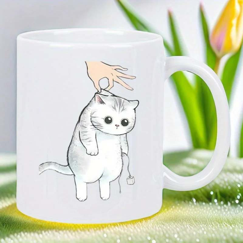 Cute Cat Ceramic Mug with Charming Hand-Feeding Illustration - Ideal for Coffee & Tea Lovers, Perfect Gift for Cat Enthusiasts,