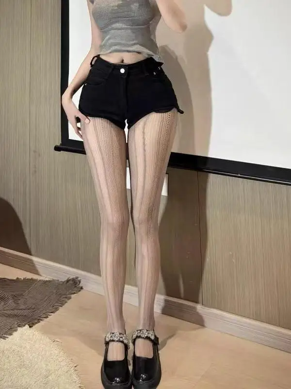 plus Size Lace Hollow Vertical Net Stockings Women Sexy Pure Desire Long Pants Commute Style High Waist Regular Thickness - view 5