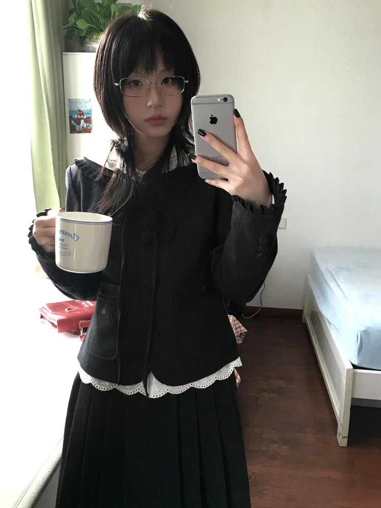 

Корейский элитный женский костюм-джакет с плиссированной юбкой, длинный комплект с кружевной отделкой Sve Bla, модный женский наряд Ele