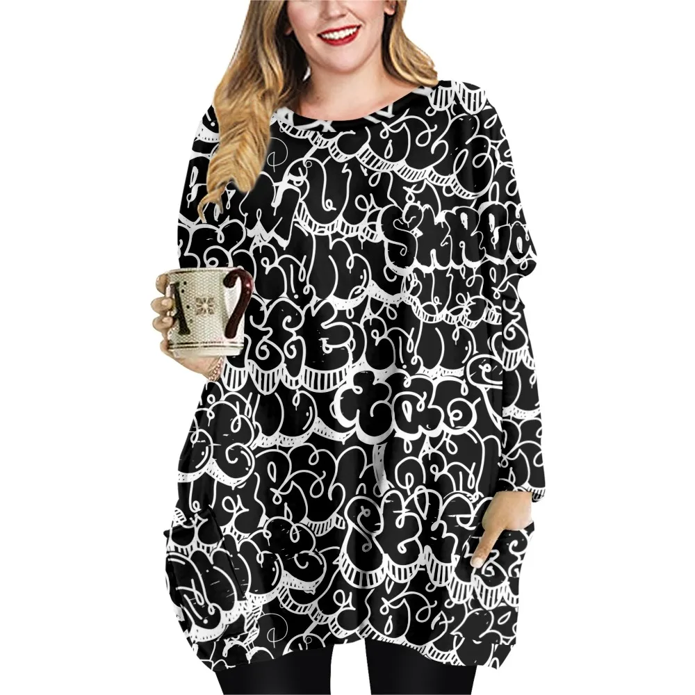 Street Graffiti Print  Loose Casual Style Ladies T-shirt Double Pocket Dress Round Neck Long Sleeve Dress-