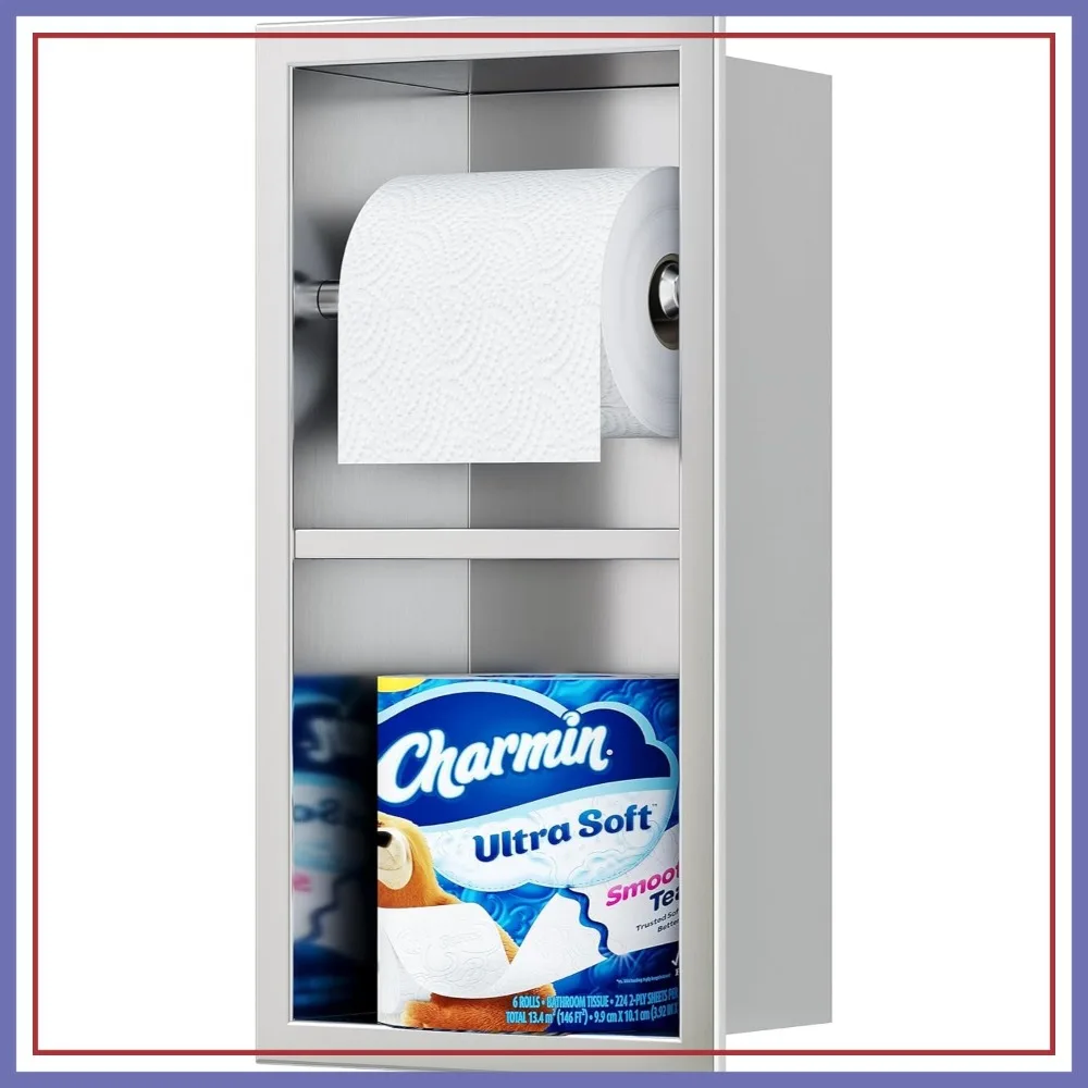 

Recessed Toilet Paper Holder, 304 Stainless Steel Bathroom Tissue Roll Holder with Storage, Brushed Nickel, Wall Mounted