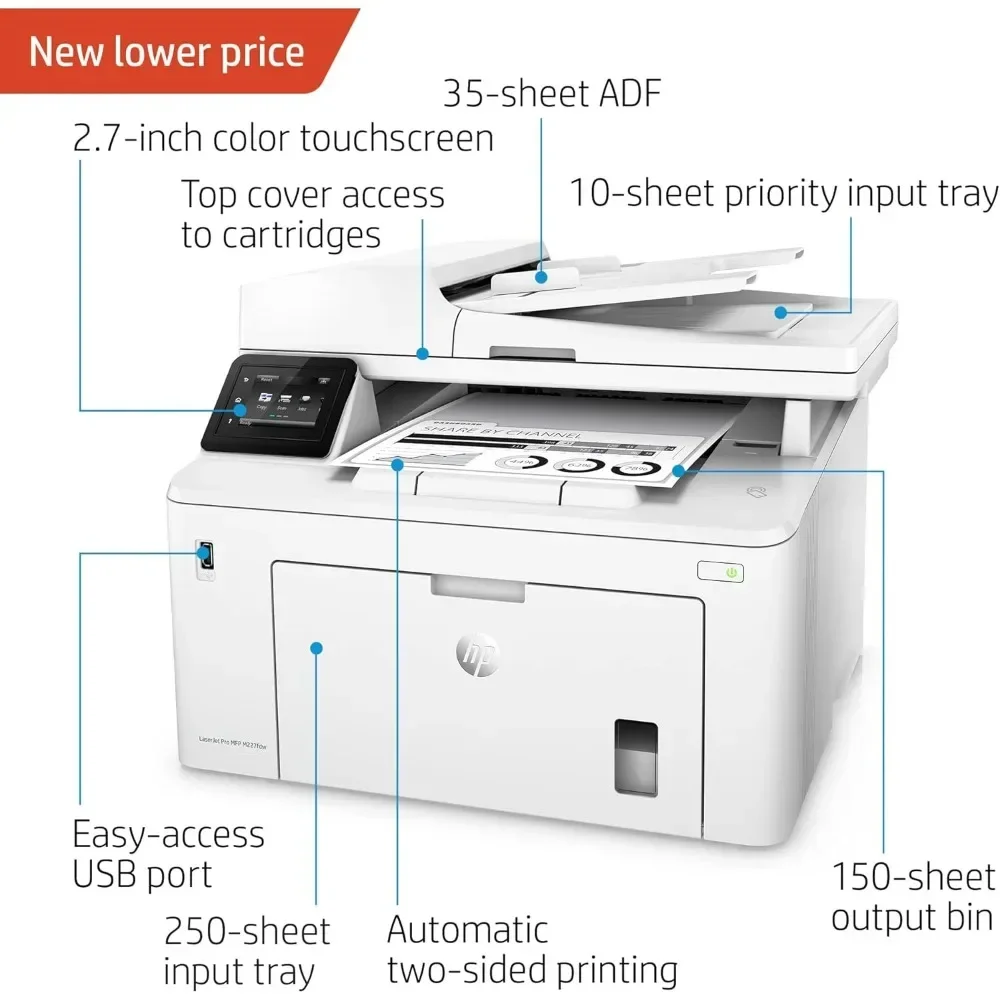 LaserJet Pro MFP M227fdw Wireless Monochrome All-in-One Printer with built-in Ethernet & 2-sided printing,works with Alexa White