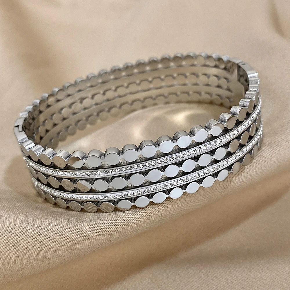 Multiple Rows Round Nails Double Row Rhinestones Stainless Steel Brangle Bracelet for Women Cuff Wristband Jewelry Accessories