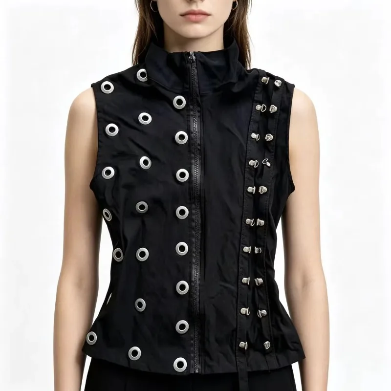 Y2k New Black Metal Ring Decoration Sleeveless Vest Women Summer Design Slim Fit Vest Top Ins