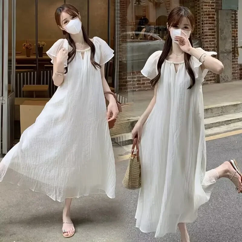 

Woman Chiffon Dress Loose Beach Dress 2025 Summer Hot Selling Maternity Dress Plus Size Hollow Out Collar Petal Sleeve Pregnant