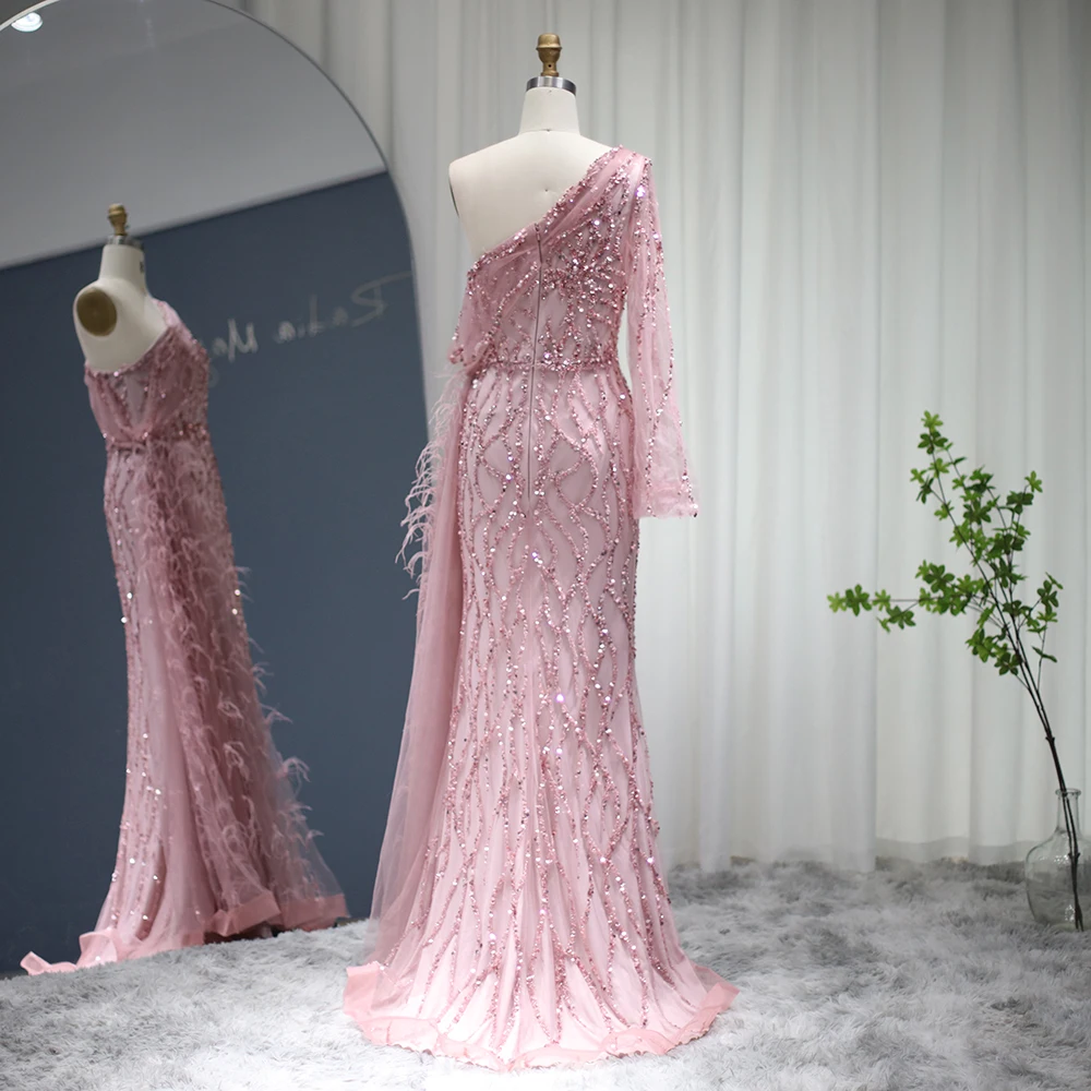 Sharon Said-vestidos de noche de color verde salvia con plumas, sobrefalda rosa, vestido de fiesta de un hombro para mujer, fiesta de boda SS046, personalizado