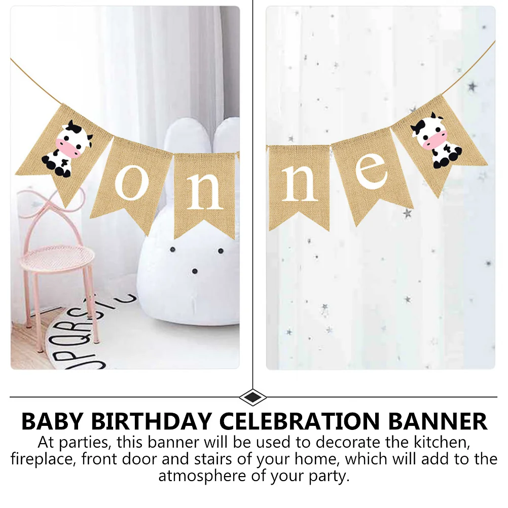 The Banner Birthday Flag Cow Printing Linen Farm ONE Highchair Party Hanging