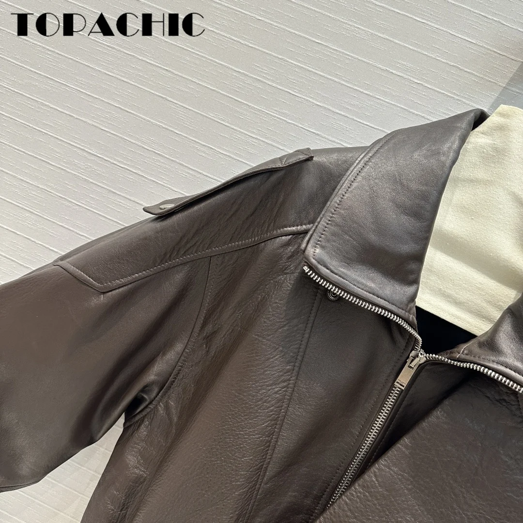 8.14 TOPACHIC-Women Classic Moto Biker Double Lapel Sheepskin Jacket Hem Sashes Elastic Collect Waist Zipper Long Sleeve Coat