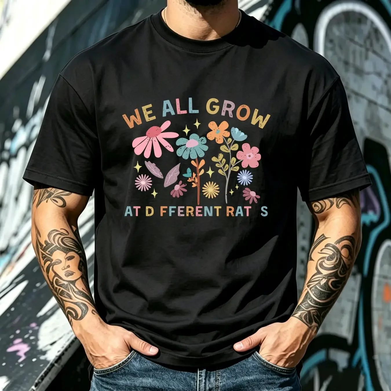 washed T Shirt We All Grow At Different Rates Spring Teacher for Women Daycare Kindergarten Wildflower vintage Washed Stylish