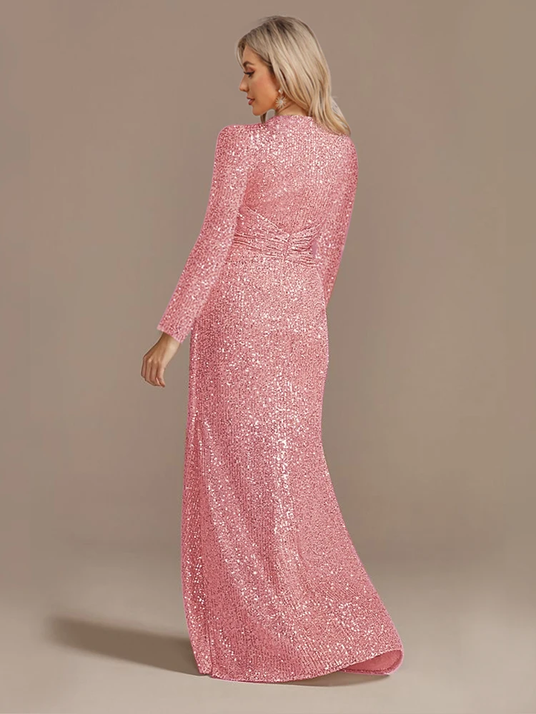 فساتين سهرة فاخرة بطول الأرض ورقبة على شكل حرف v لعام 2025 فستان ماكسي أنيق للحفلات ترتر وأكمام طويلة فساتين كوكتيل للحفلات الراقصة