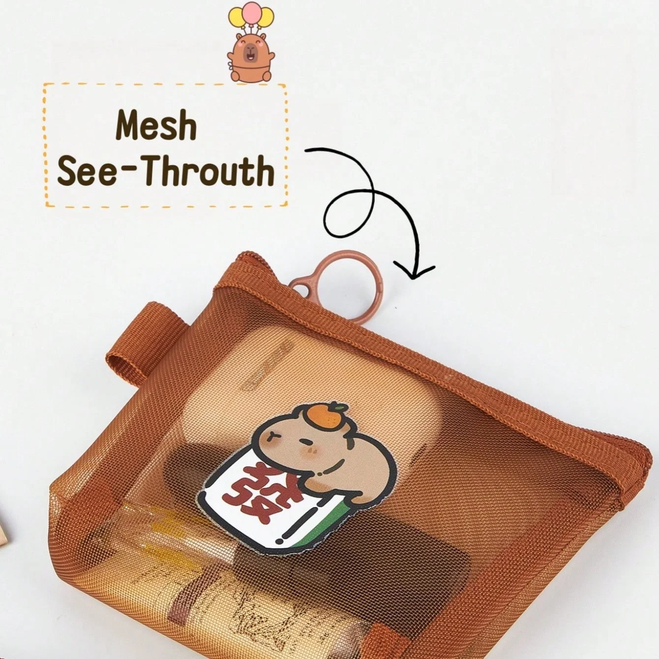 Mini Capybara Mesh Pencil Storage Bag Portable Transparent Pouch for Pens Erasers Cartoon Design Simple Pocket Organizer A7777