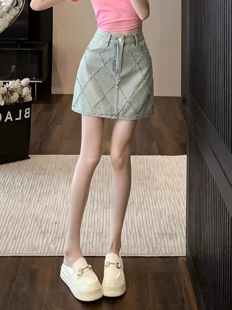 Women's Clothing Skirts Diamond Studded Denim Skirt High Waist Slim Fit A-line Hip Hugging Skirt Spring Summer Skirt For Lady