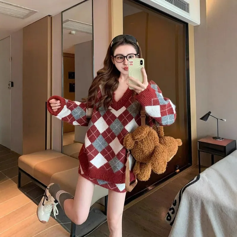 Sweater Women Pullover Women's Fall/Winter New Arrival Color Block Academic Style Diamond Check Knit Sweater Set of Two