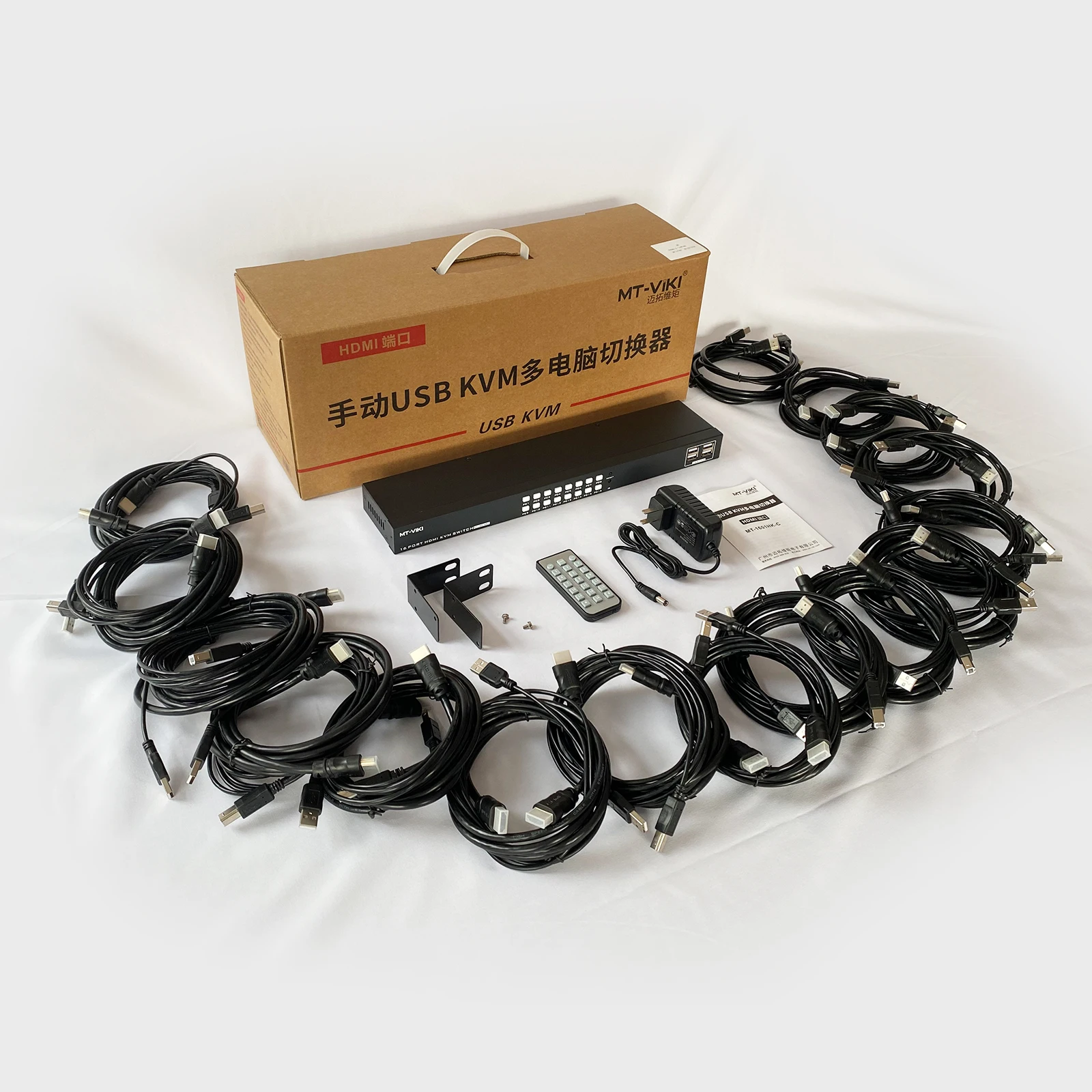 4K  KVM Switch 16 Port, MT-VIKI 16x1 Rackmount KVM Console +16 Packs USB  Cables, 16 In 1 Out USB  Rack KVM Switcher