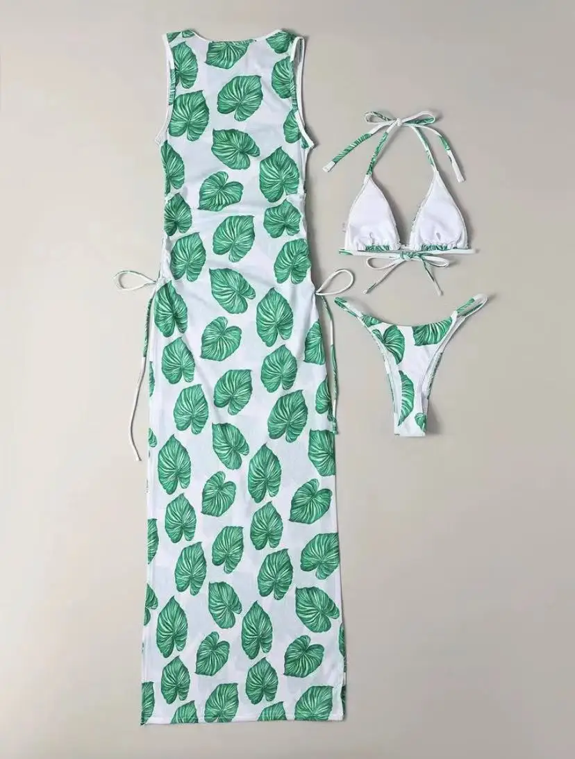 Bikini con Tanga y estampado de hojas para mujer, traje de baño Trikini femenino, 3 piezas, 2024