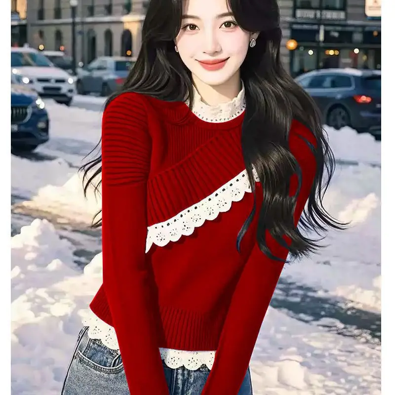 

Темпераментное кружево 2025, осенний свитер со сращенными линиями, свитер с длинными рукавами, универсальный новый стильный топ с пузырьковым дизайном для женщин