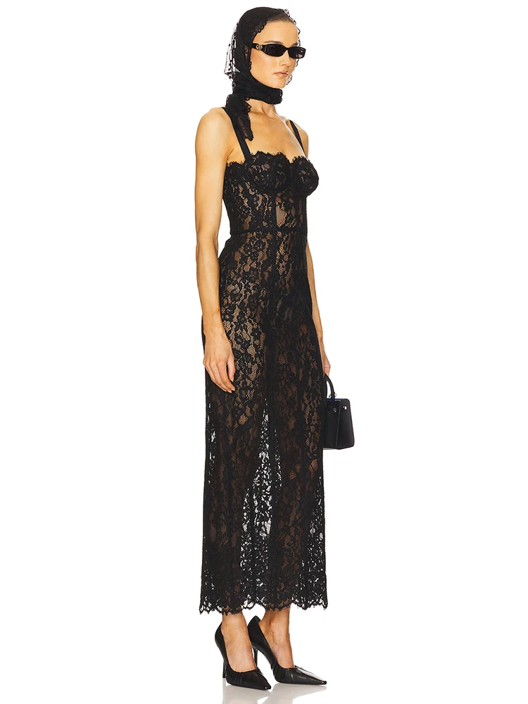 2025 Women Black Lace Sleeveless Sexy Breast Wrap Halter Slim Fit Bodycon Long Dress Nightclub Party Evening Hot Chick Outfit