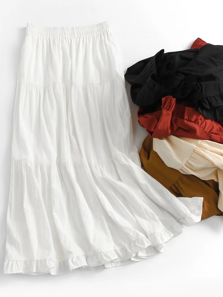 

Princess Style Pleated Elastic Waist Slimming High Waist Midi Skirt Women's Dress Pure Color A-Line Skirt with Lace Hem