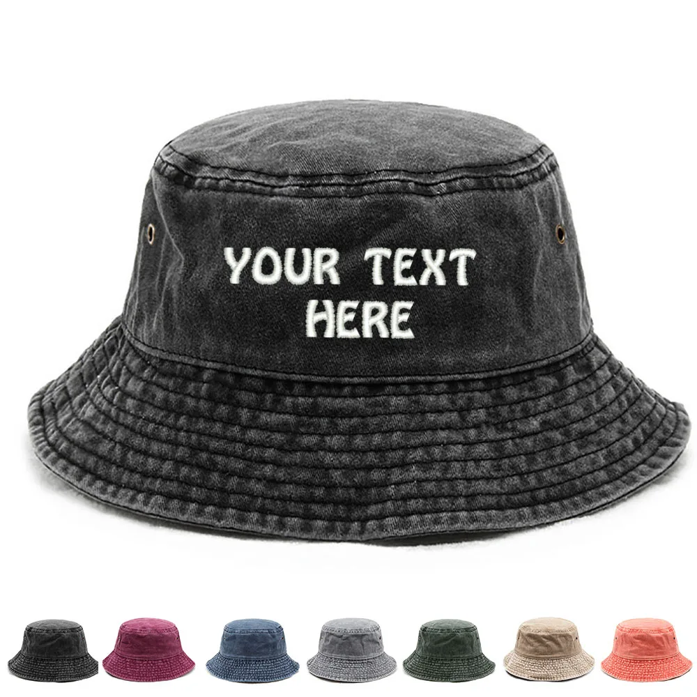 Custom Text Embroidery Bucket Hats with Name Washed Cotton Summer Sun Hats for Mens Womens Wholesale Dropshipping