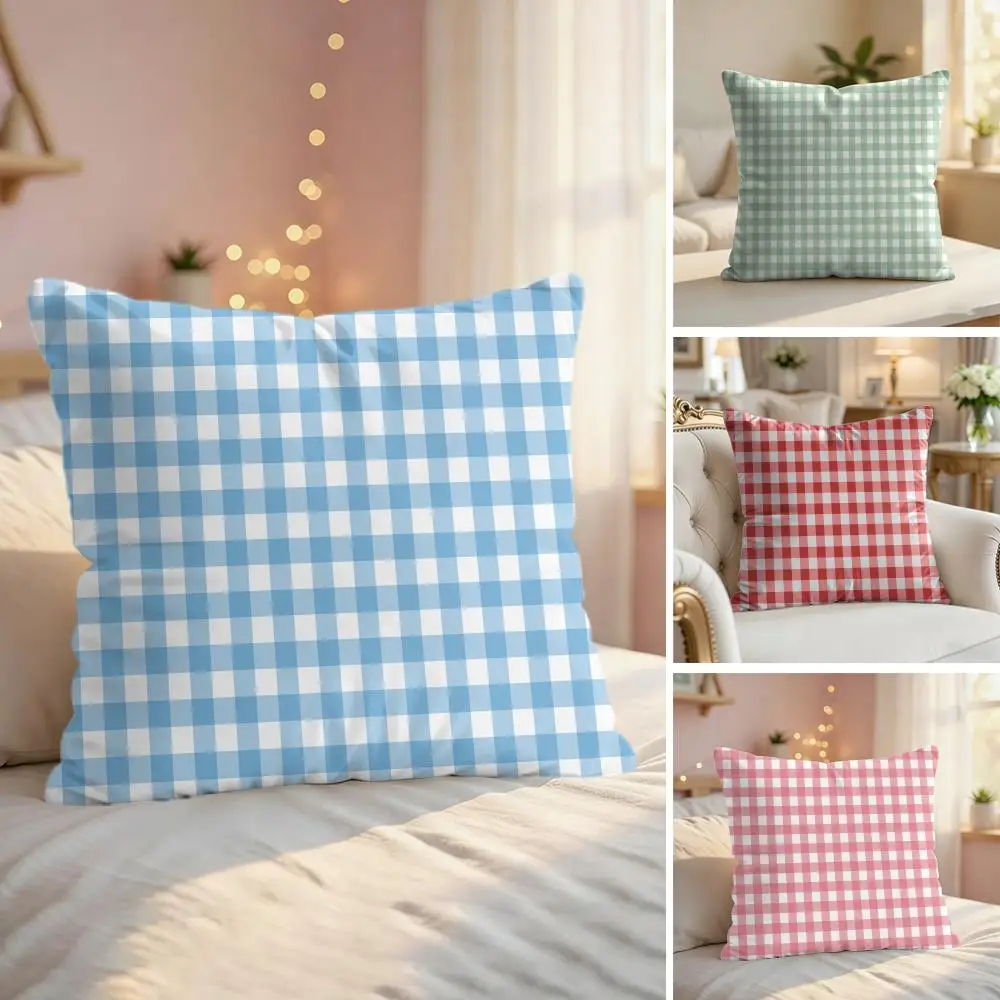 Gingham Pattern Cushion Cover Eco Linen Pillow Case | Double-Sided Print, Breathable & Durable, Hidden Zipper Home Decor Gift