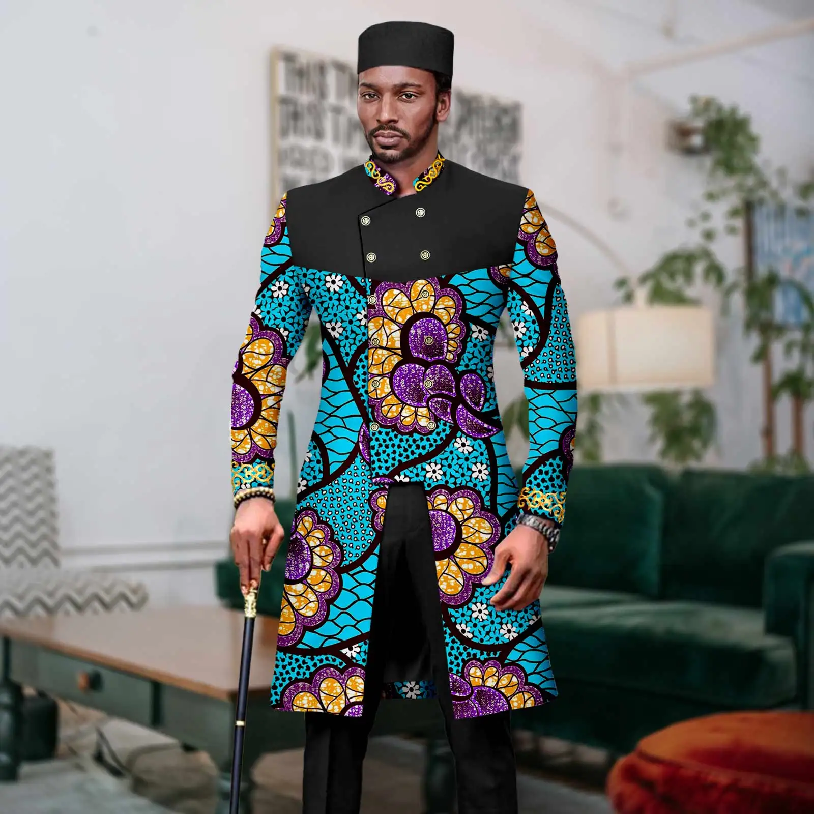 African Men Suit Dashiki Print Tuxedo for Wedding 3 PCS Set Slim Fit Embroidery Jacket and Pants Match Muslim Caps A2316062