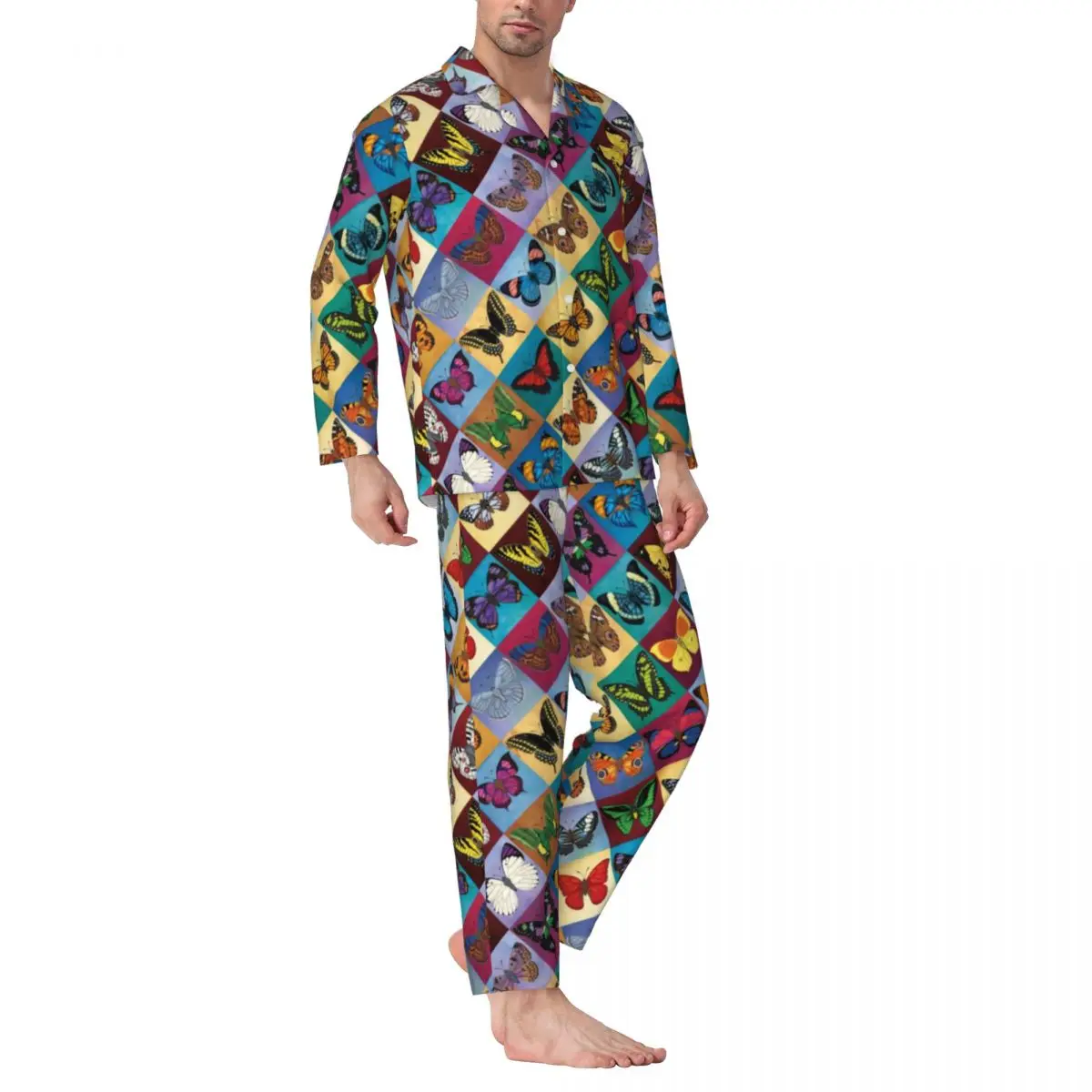 Butterfly Patchwork Sleepwear Spring Animal Pop Art Aesthetic Oversized Pajamas Set Male Long Sleeve Kawaii Leisure Home Suit