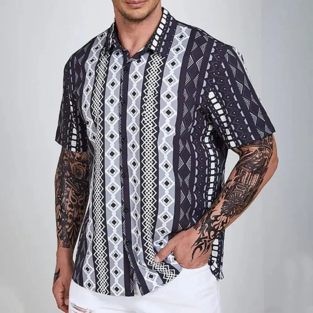 2024 Hawaiian Stripe Fashion Men Shirt Casual Retro Floral Polo Short Sleeve Social Beach Outsize 3D Print Street Wear Summer