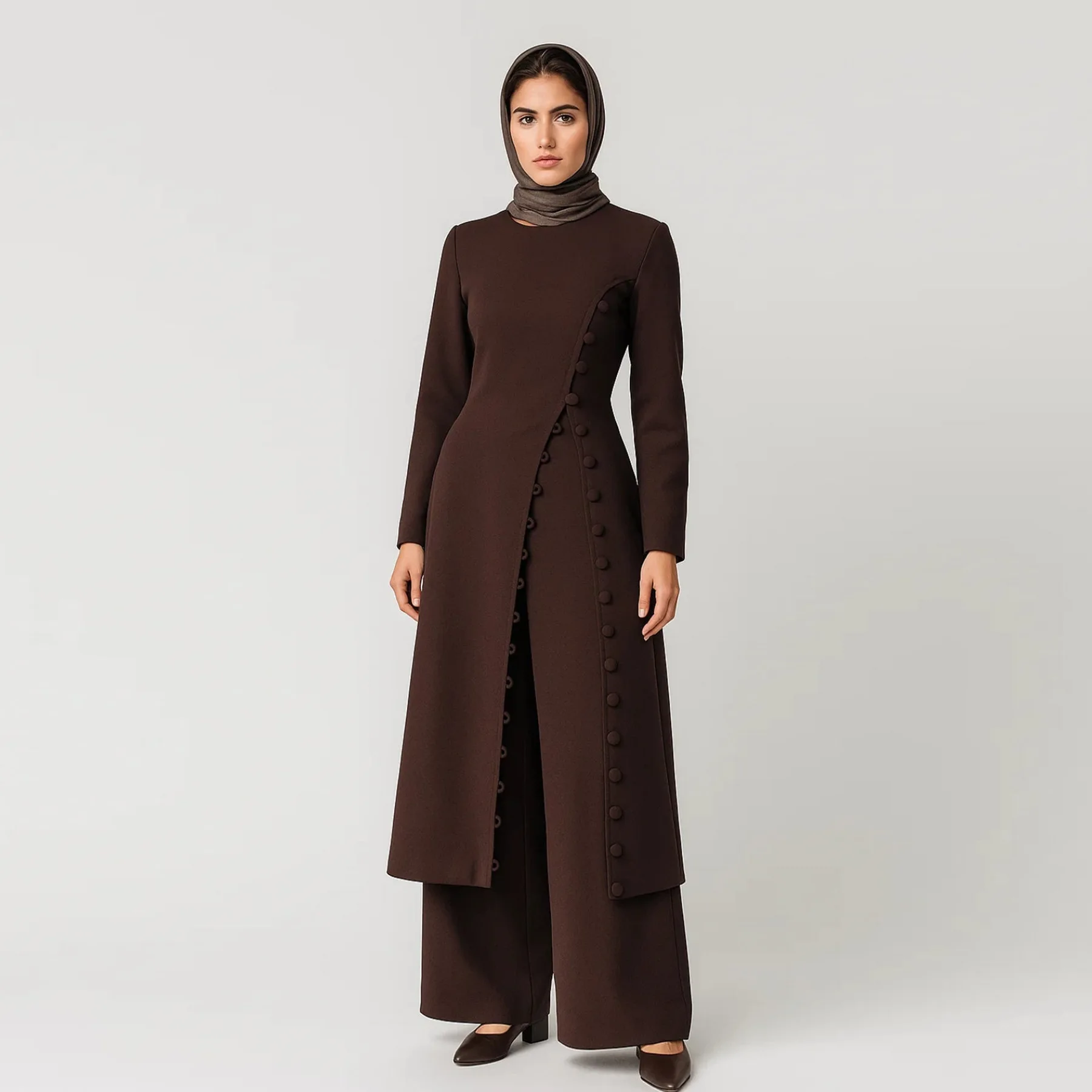 

Eid Modest Muslim Woman Two Piece Set Plain Abaya Dubai Luxury Long Top with Pants Suit Sets Islamic Outfits Ensembles Musulmans