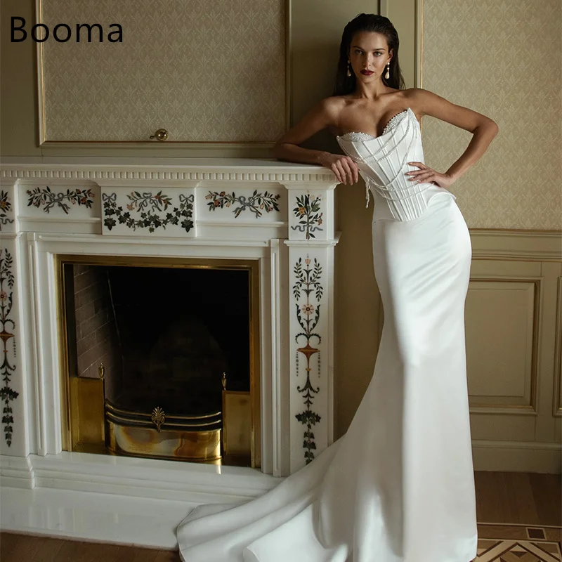 

Booma Mermaid Sweetheart Pealrs Sleeveless Satin Simple Wedding Dresses Long Brides Gown Custom Made 2025