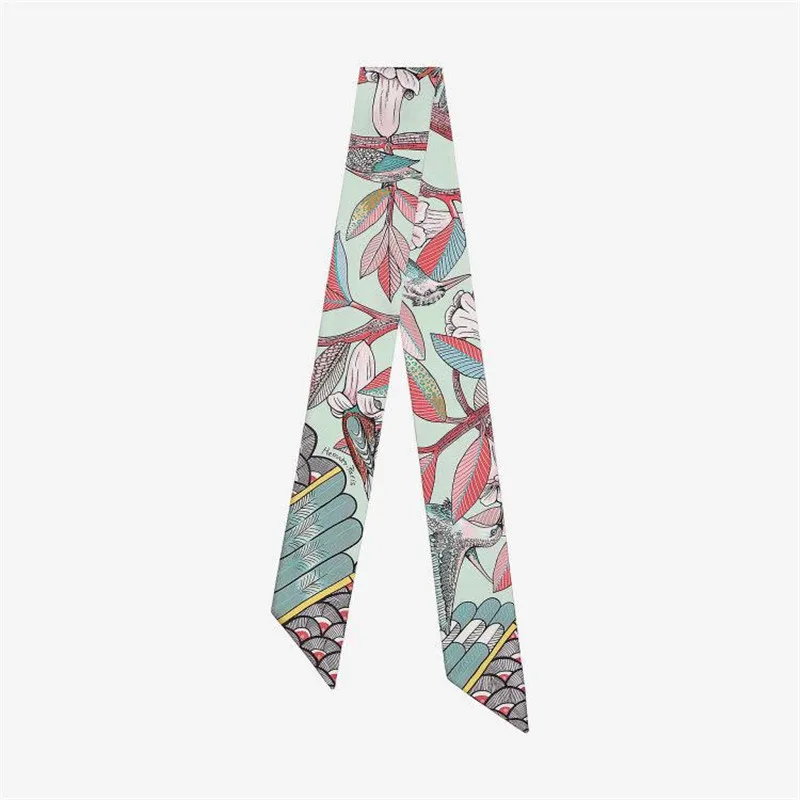 Luxe Merk Hummingbird Print Skinny Zijden Sjaal Tas Linten Voor Vrouwen Vrouwelijke Hals Halsdoek Hoofd Sjaals Wraps Voor Dames