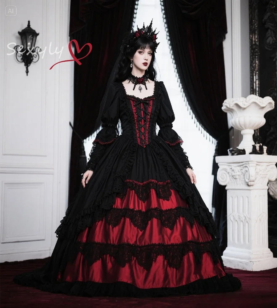 

Ethereal Gothic Black And Red Wedding Dress 2025 Fantasy Vampire Victorian Medieval Bridal Dress Long Sleeve Lace GownCustomized
