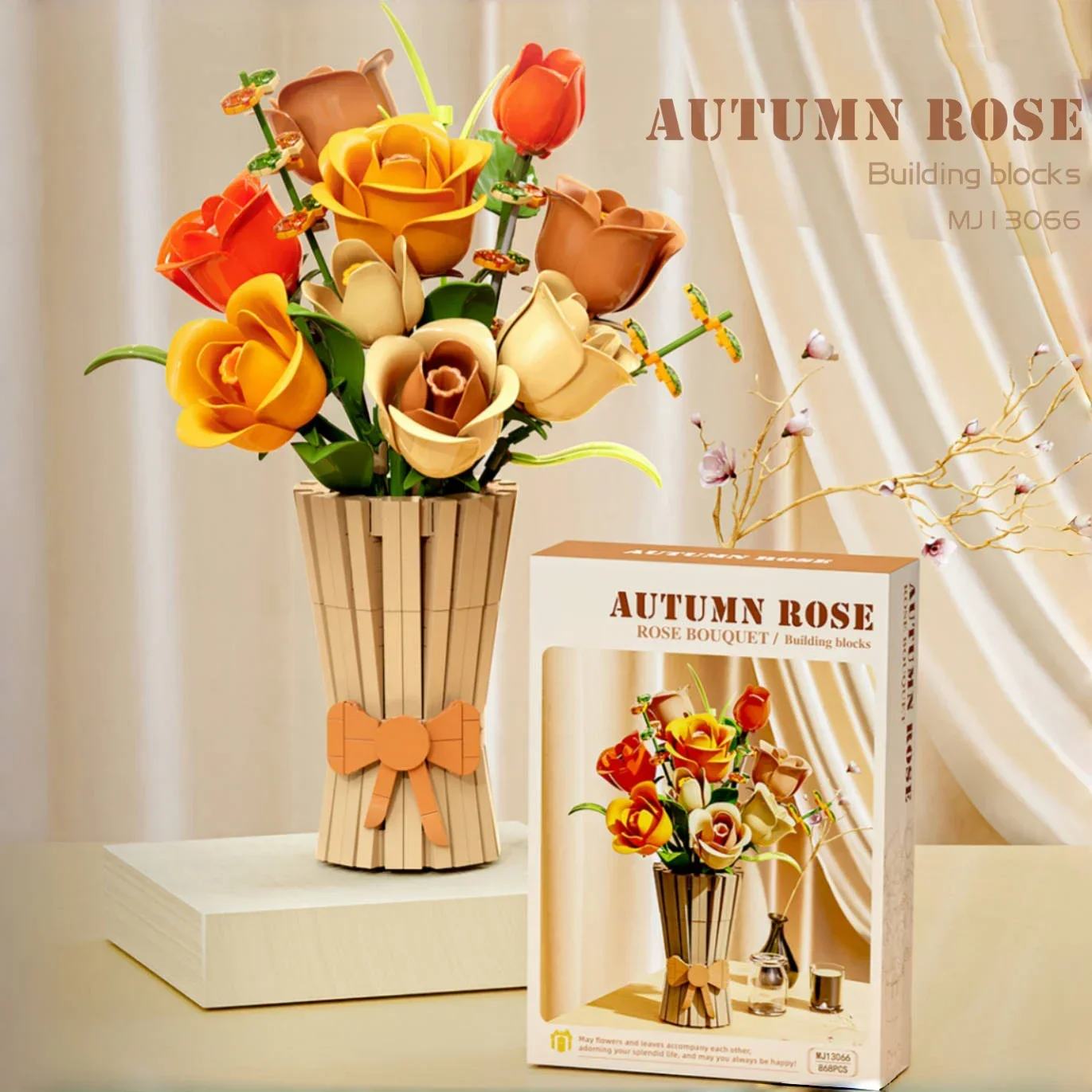 

868 шт., букет роз, строительные блоки, вечная ваза для цветов, модель кирпича, украшение для рабочего стола, детские игрушки «сделай сам», романтические подарки для девочек