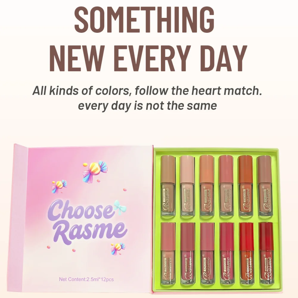 CHOOSERASME 12-Farben-Lipgloss-Lippenstift-Set, flüssig, matt, samtig, Damen-Make-up, langlebig, wasserfest, Weihnachtsgeschenke
