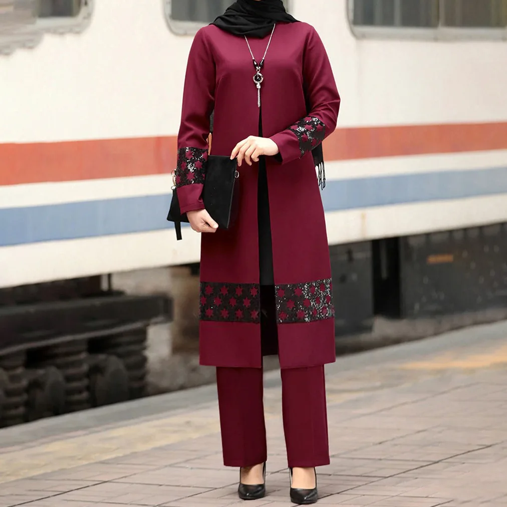 Busana Muslim wanita, baju wanita Muslim Ramadan dan lebaran, baju setelan korset 2 potong, celana kaki lebar, pakaian Dubai, Abaya renda, Kaftan monokromatik