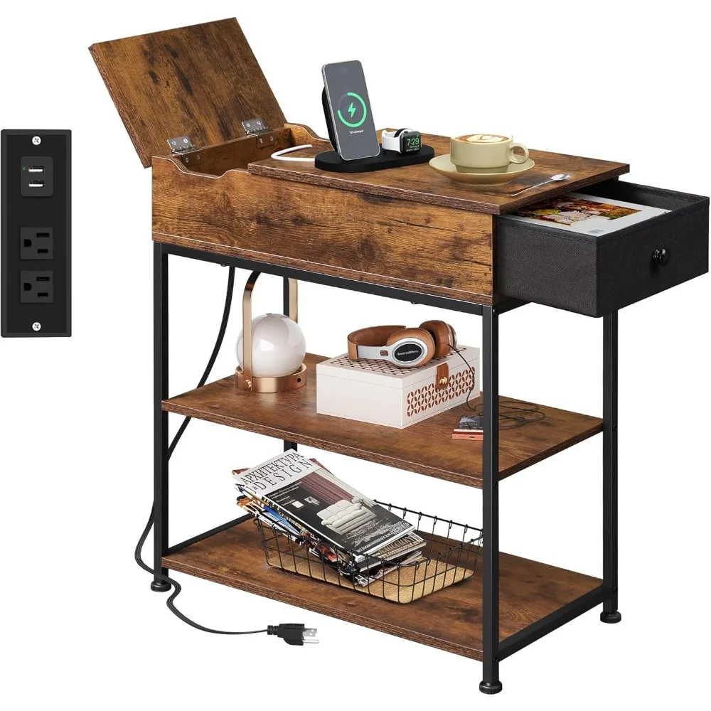 

Night Stand for Bedroom, Narrow Side Table with Charging Station, Couch Side Table with Fabric Drawer for Bedroon, Nightstand