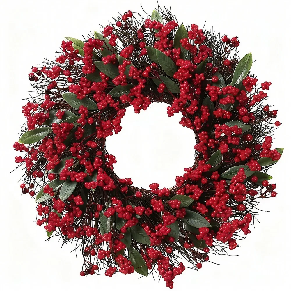 American-style Artificial Berry Holly Christmas Wreath 45 CM Simulated Xmas Red Berry Garland DIY Green Leaf Red Fruit Wreath