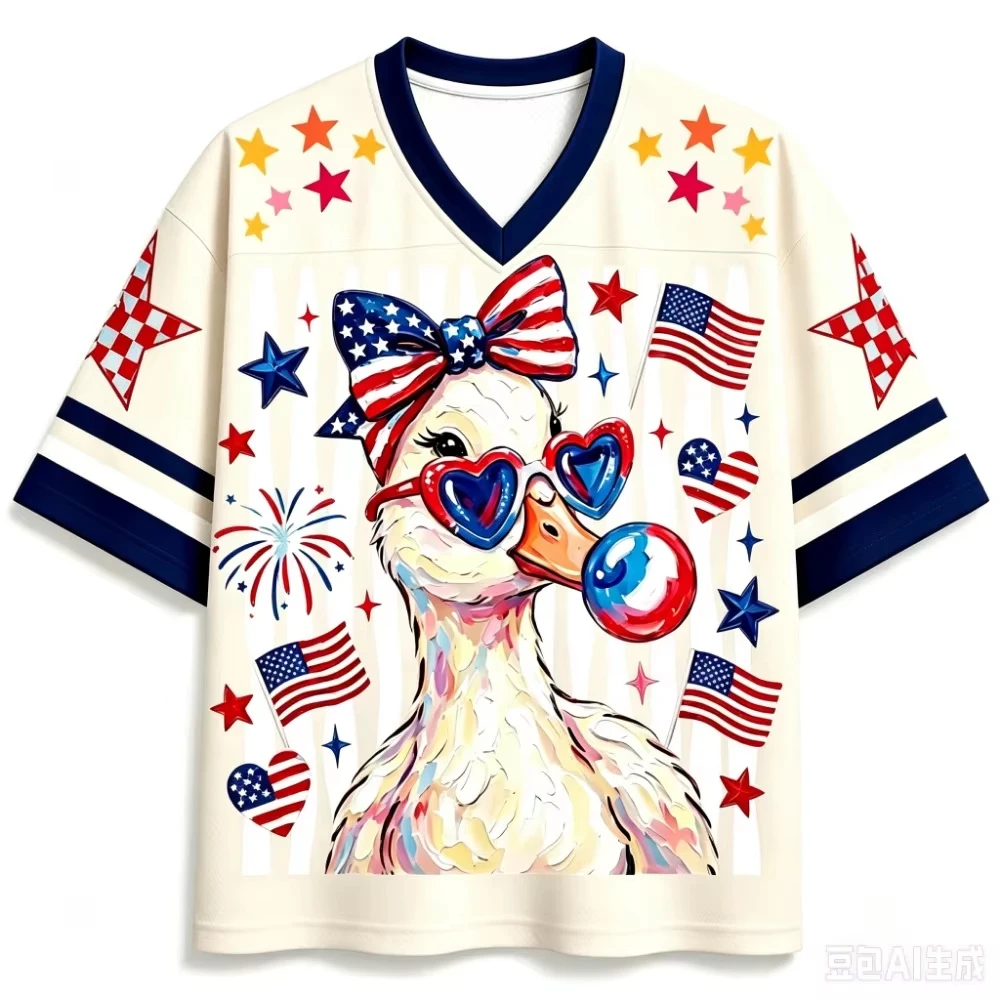 Patriotic Duck American Flag Graphic Mesh Jersey V‑Neck Short Sleeve Loose Sports Top Men Women Streetwear Casual Tee