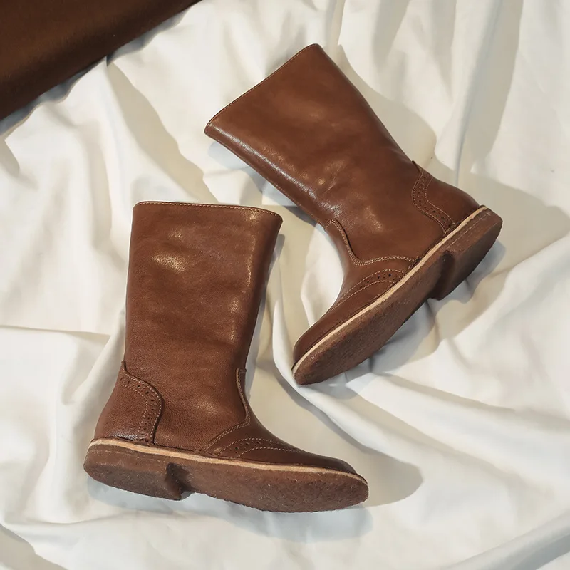 New Vintage Casual Genuine Leather High Boots Girls Princess Handmade Cowhide Children Motorcycle Outdoor Hiking Shoes Kids