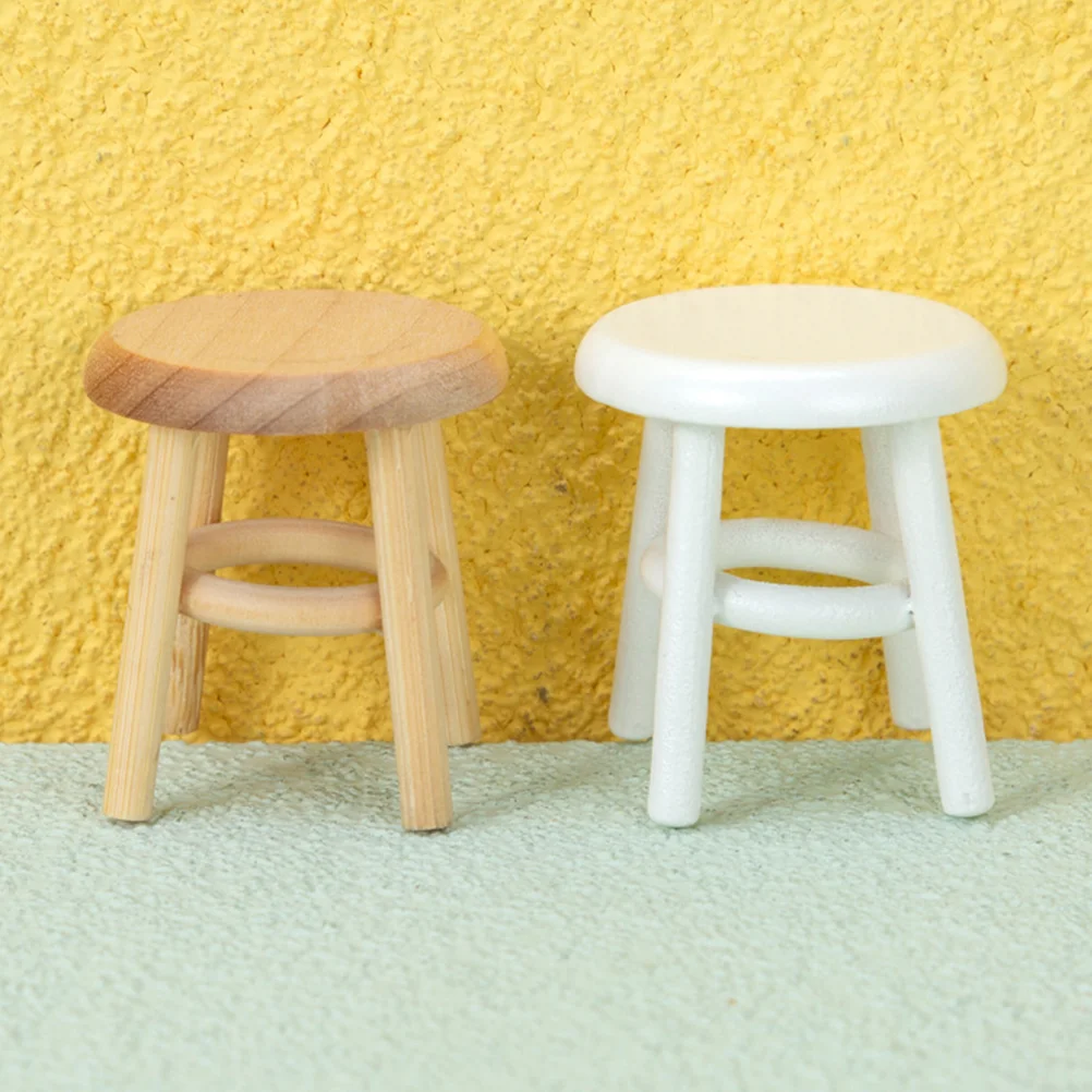 Mini House Chair 1:12 Furniture Model High Stool Ornaments Miniature Play Accessories (wood Color + White) 2pcs Barstools