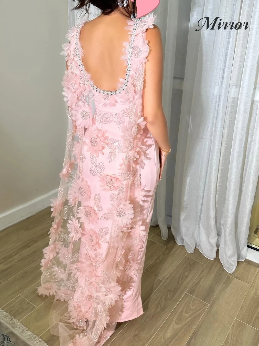 

Mirror Dress Elegant Vintage Sweet Pink Beads Flowers Lace Stylish Cape Customize Formal Occasion Prom Dress Evening Party Gowns