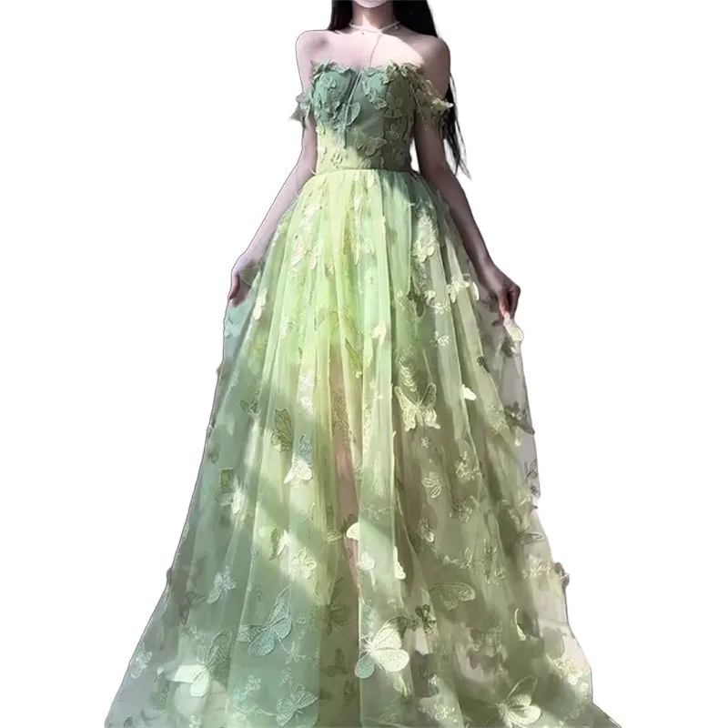 

2025 New Spring Summer Streetwear Green Long Luxury Evening Dress Butterfly Embroidery Ball Birthday Party Dresses Women Wedding
