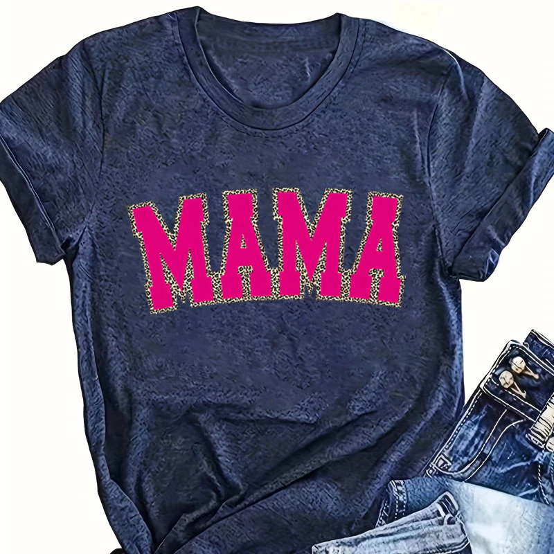 Retro Vintage Leopard Mama T-shirts Motherhood Classic Top Mothers Day Gift Flowers Bow Cute Mama Crew Neck Short Sleeve T-shirt