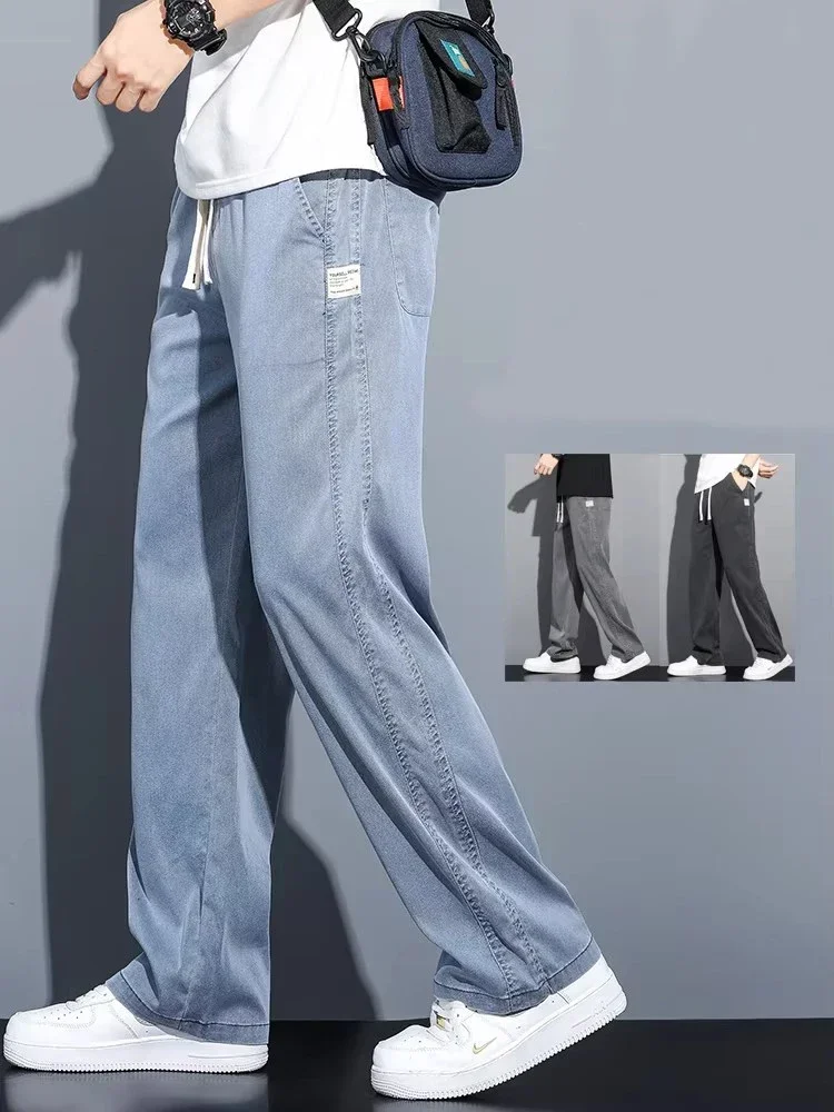 

2025 New Summer Soft Lyocell Fabric Men's Jeans Thin Loose Straight Pants Drawstring Elastic Waist Korea Casual Trousers